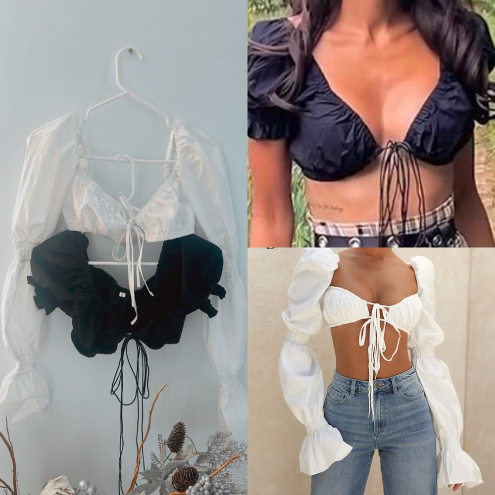 2 Tie Front Ruched Crop Puff Sleeve Tops White and Black Boho Tops Off Shoulder